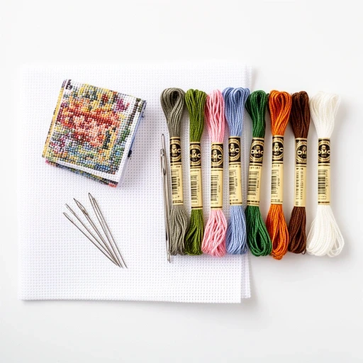 Zestaw materiałów do haftu – nici, igły, kanwa