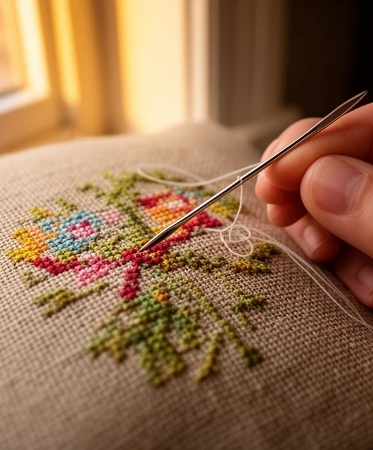 Zbliżenie na haftowanie – igła przechodzi przez kanwę