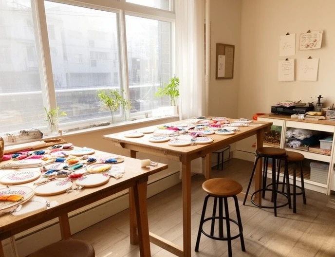 Pracownia Threadoria Studio – stoły z materiałami do haftu